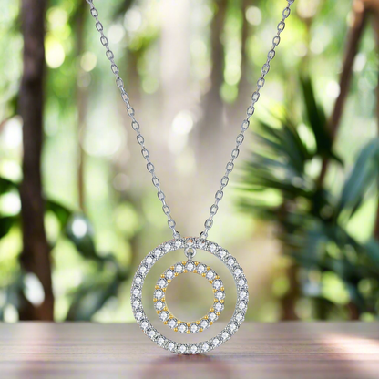 Sterling Silver Two Tone Double Circle Pendant On Diamond Cut Chain