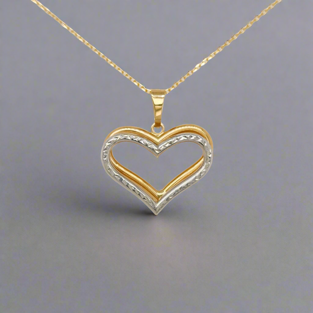 14k Gold Double Heart Two Tone Diamond Cut Pendant Necklace