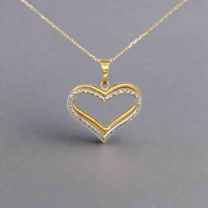 14k Gold Double Heart Two Tone Diamond Cut Pendant Necklace