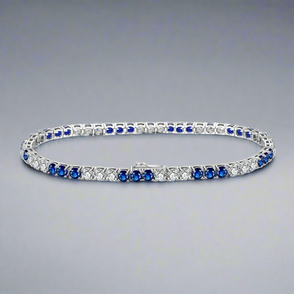 Sterling Silver 3 Alternating Sapphire and Clear 3mm CZ Bracelet