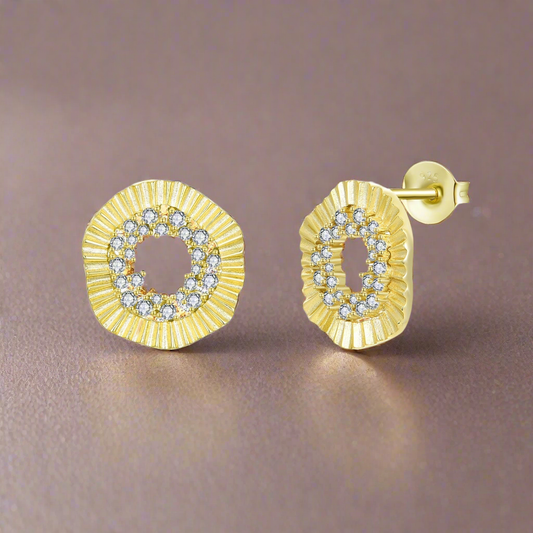 Sterling Silver Gold Plated Rounded Fan Shape CZ Center Stud Earrings