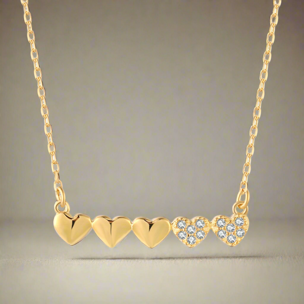 Gold-plated or Rhodium-plated Sterling Silver CZ Small Five Heart Bar Necklace