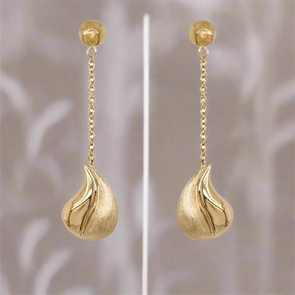 14K Gold Dangling Brushed and Shiny Teardrop Earrings