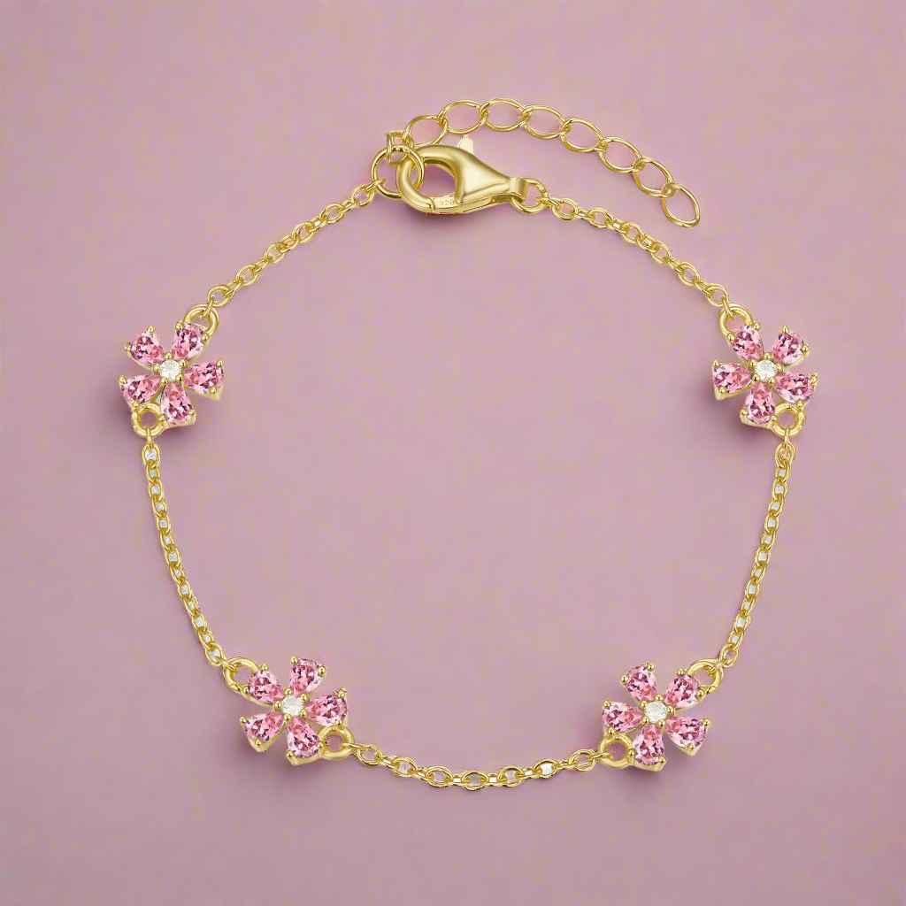 Sterling Silver Gold Plated CZ Flower Station Bracelet