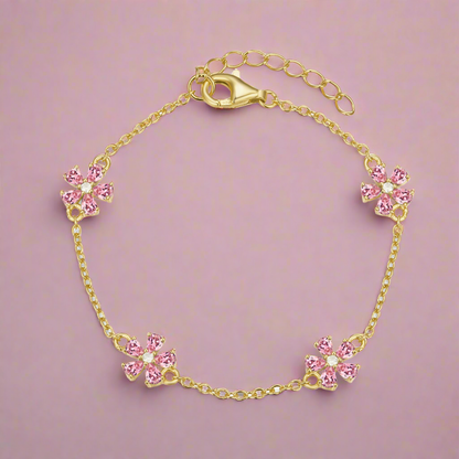 Sterling Silver Gold Plated CZ Flower Station Bracelet