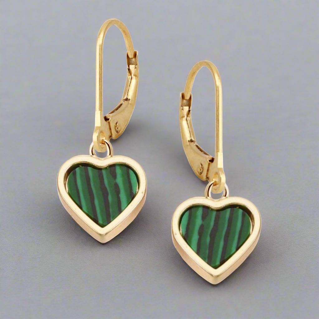 Gold Plated Malachite Framed Heart Surgical Steel Earrings