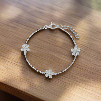 Sterling Silver 5 Petal Flower Station Bracelet