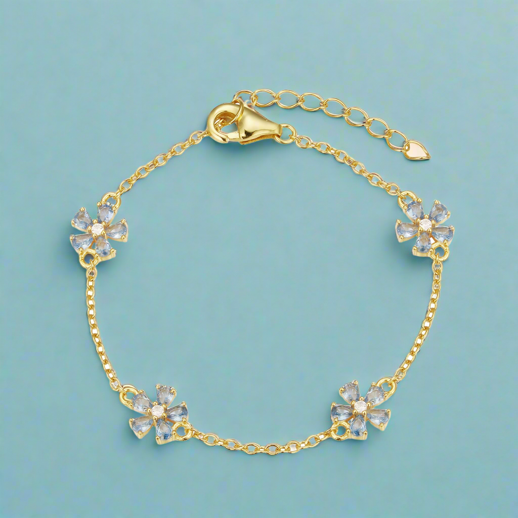 Sterling Silver Gold Plated CZ Flower Station Bracelet