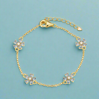 Sterling Silver Gold Plated CZ Flower Station Bracelet