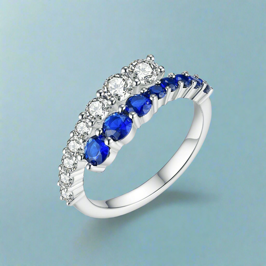 Sterling Silver Sapphire and Clear CZ Bypass Ring