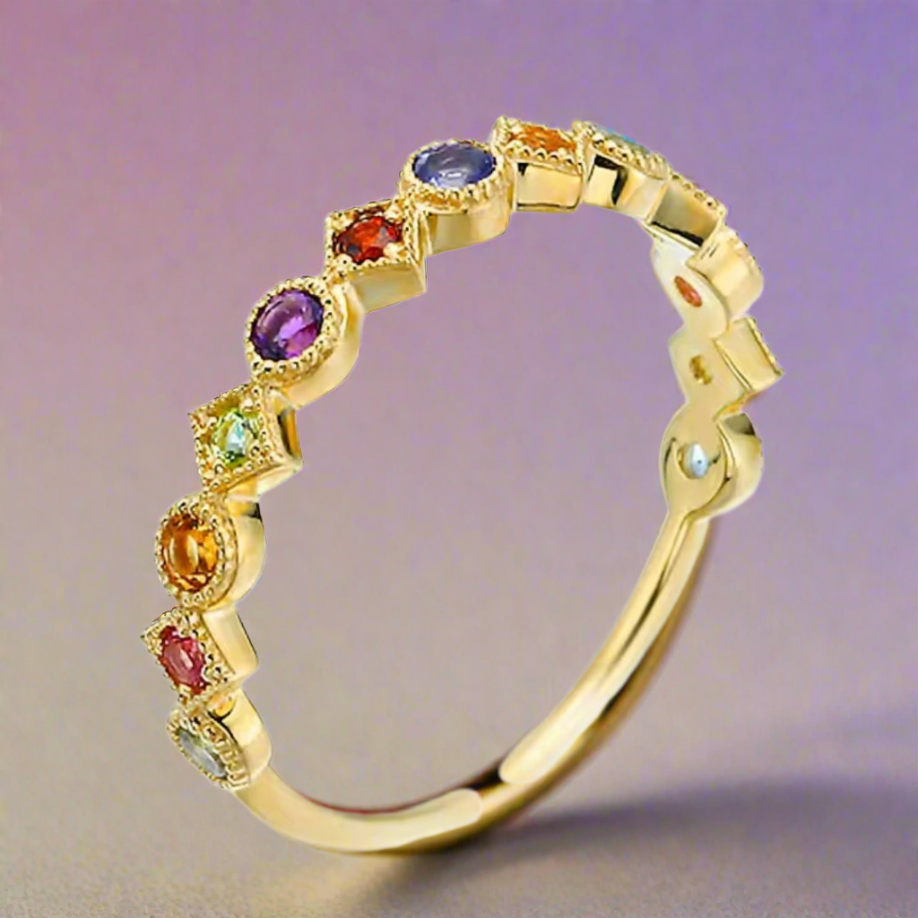 Sterling Silver Gold Plated Multicolor CZ Adjustable Ring