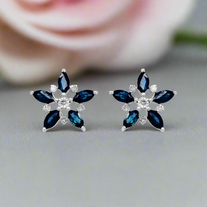 10K Gold Diamond and Sapphire Flower Stud Earrings