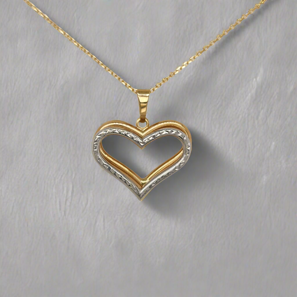 14k Gold Double Heart Two Tone Diamond Cut Pendant Necklace