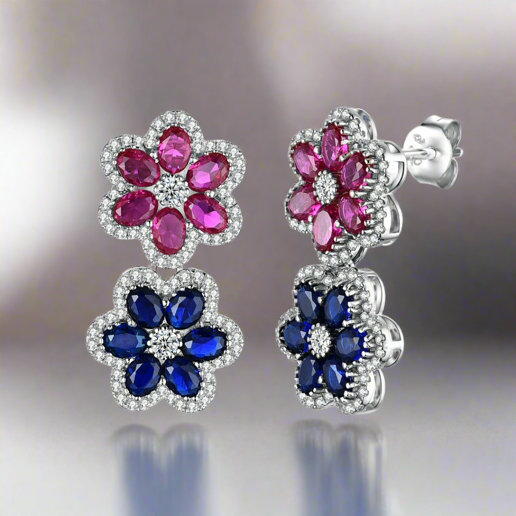 Sterling Silver Sapphire and Ruby Colored CZ Double Flower Earring