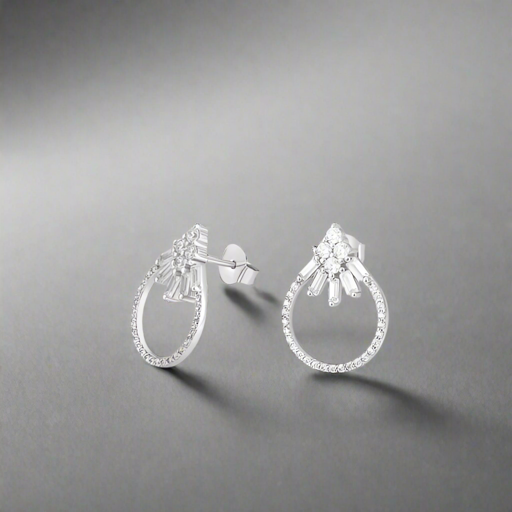 Sterling Silver Micropave Round and Baguette CZ Stud Earrings