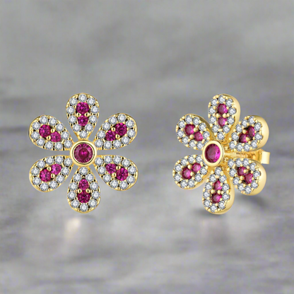 Sterling Silver Clear With Ruby or Sapphire CZ Flower Stud Earring