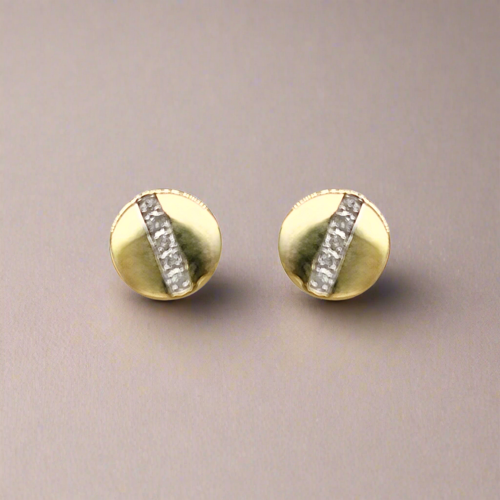 14K Gold Round With Diamond Strip Stud Earrings