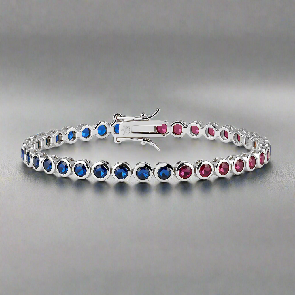 Sterling Silver Bezel Set Round Color Stone Tennis Bracelet