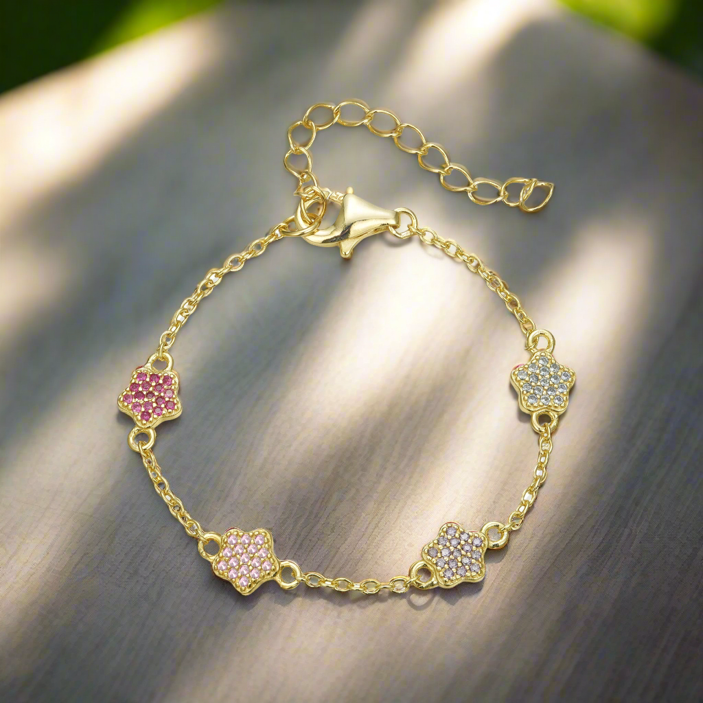 Gold Plated Sterling Silver Micropave CZ Small Flower Station Bracelet