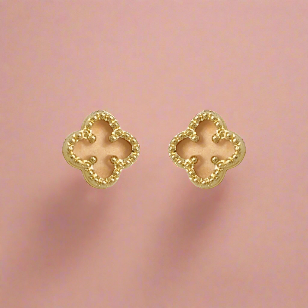 14k Gold Pink Mother of Pearl Clover Stud Earrings