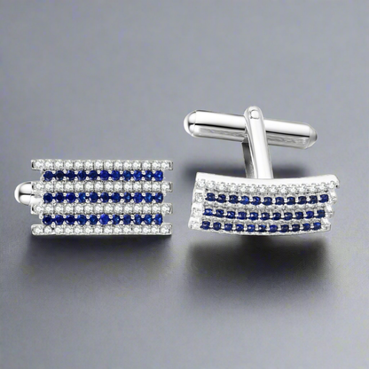 Rectangular Clear and Three Row Sapphire CZ Striped Cufflinks