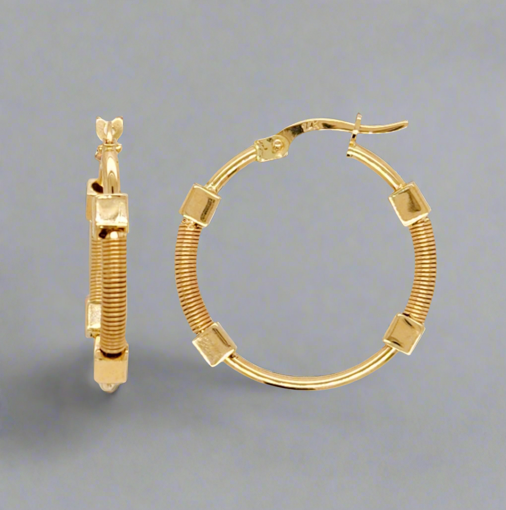 14k Gold Squares on Round Hoop Earrings