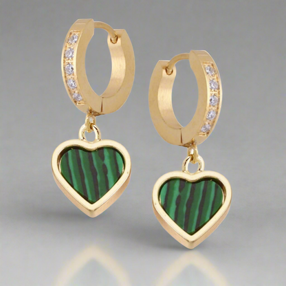 Gold Plated Malachite Framed Heart Surgical Steel Earrings