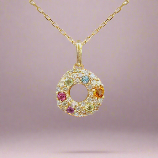 10k Gold Multicolor Sapphire Small Circle Necklace