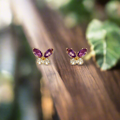 14K Gold Amethyst and White Topaz Butterfly Stud Earrings