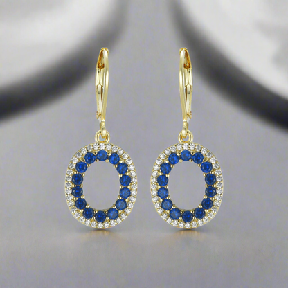 Gold-Plated Hanging Oval with Sapphire CZs on Surgical Leverback Earrings