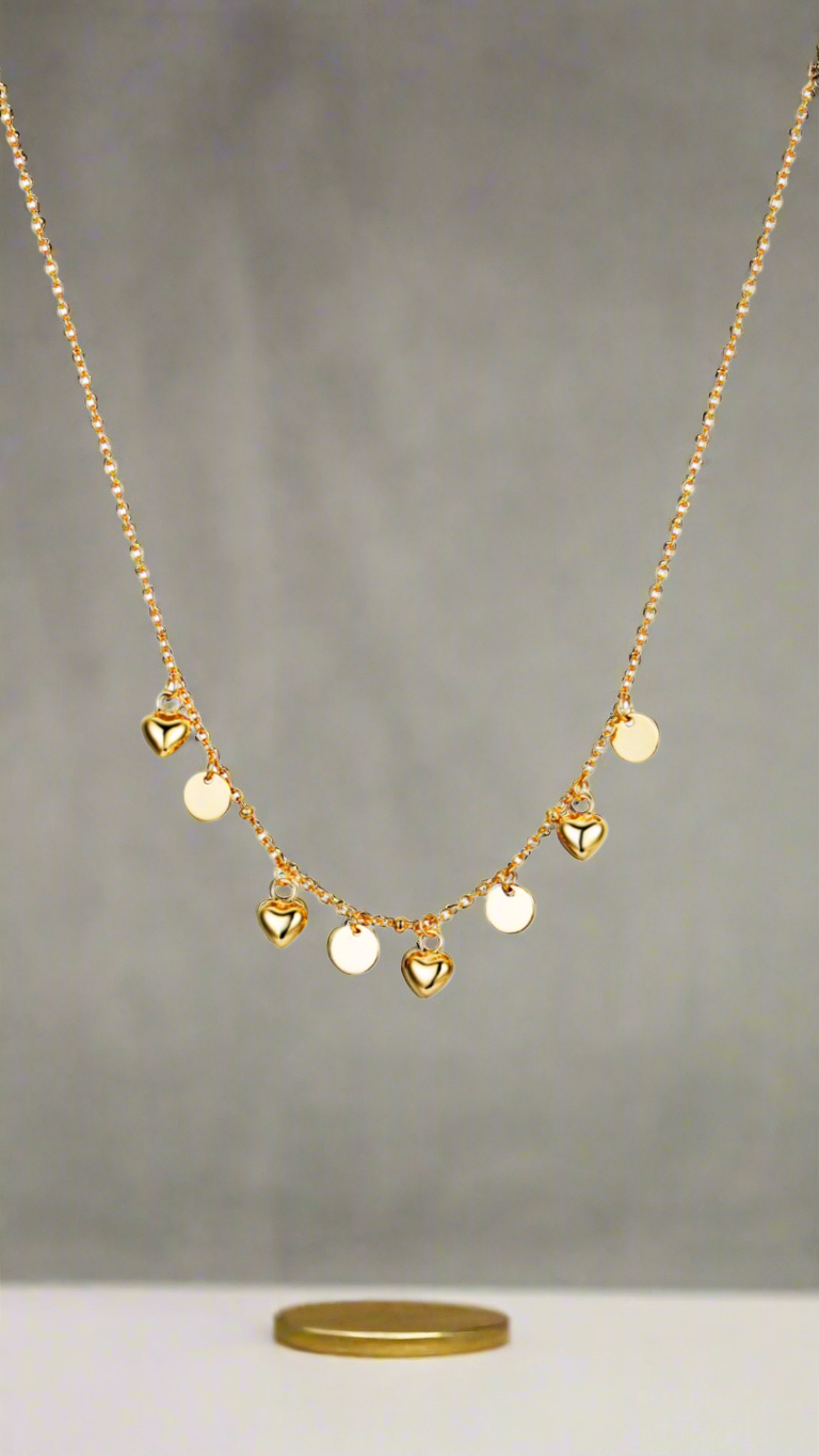 Sterling Silver Gold Plated Dangling Circles and Hearts Necklace