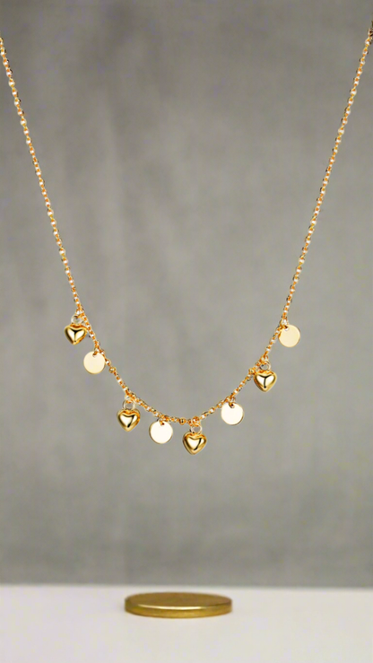 Sterling Silver Gold Plated Dangling Circles and Hearts Necklace