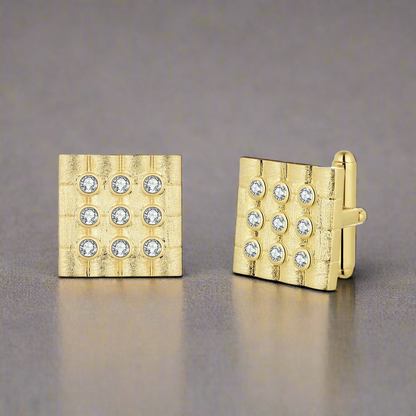 Sterling Silver Brushed Gold Plated Square With CZ Cufflinks