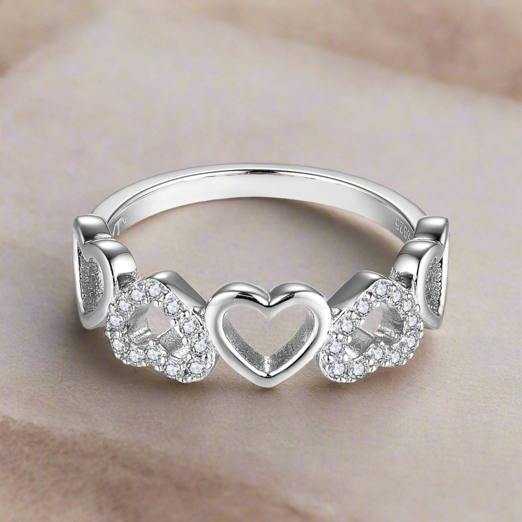 Sterling Silver Micropave and Solid Hearts Ring