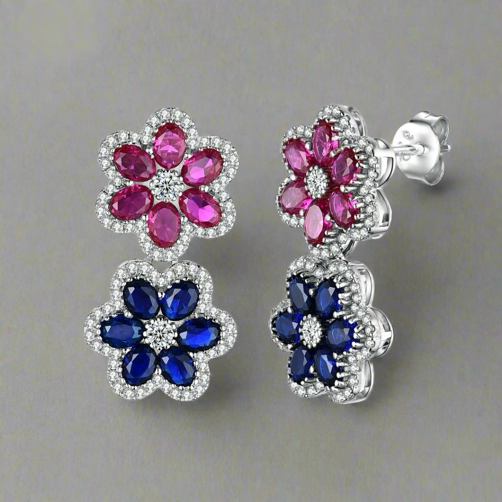 Sterling Silver Sapphire and Ruby Colored CZ Double Flower Earring