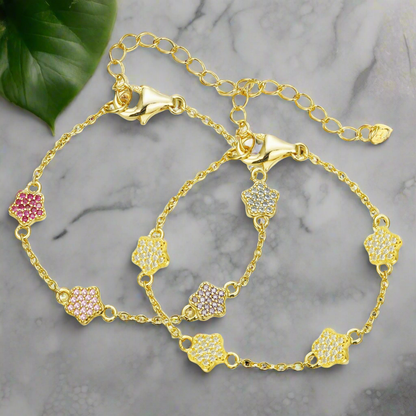 Gold Plated Sterling Silver Micropave CZ Small Flower Station Bracelet