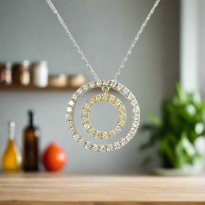 Sterling Silver Two Tone Double Circle Pendant On Diamond Cut Chain