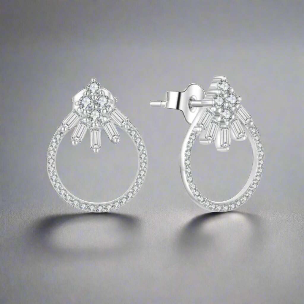 Sterling Silver Micropave Round and Baguette CZ Stud Earrings