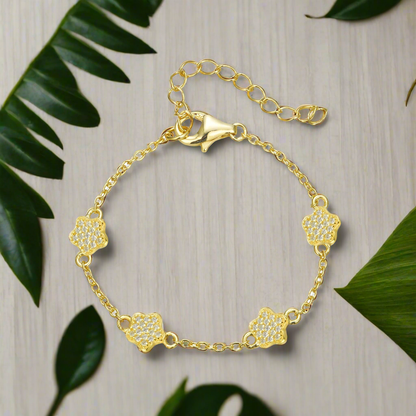 Gold Plated Sterling Silver Micropave CZ Small Flower Station Bracelet