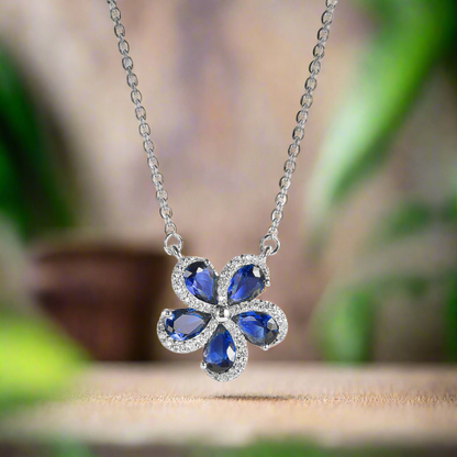 Sterling Silver 5 Petal Colored Stone Micropave Swirl Flower Necklace