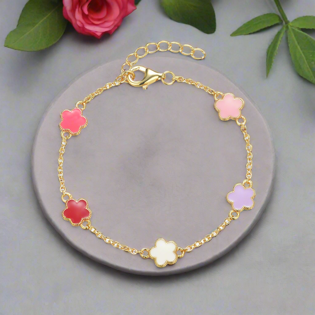 Gold Plated Sterling Silver Colored Enamel Flower Station Bracelet