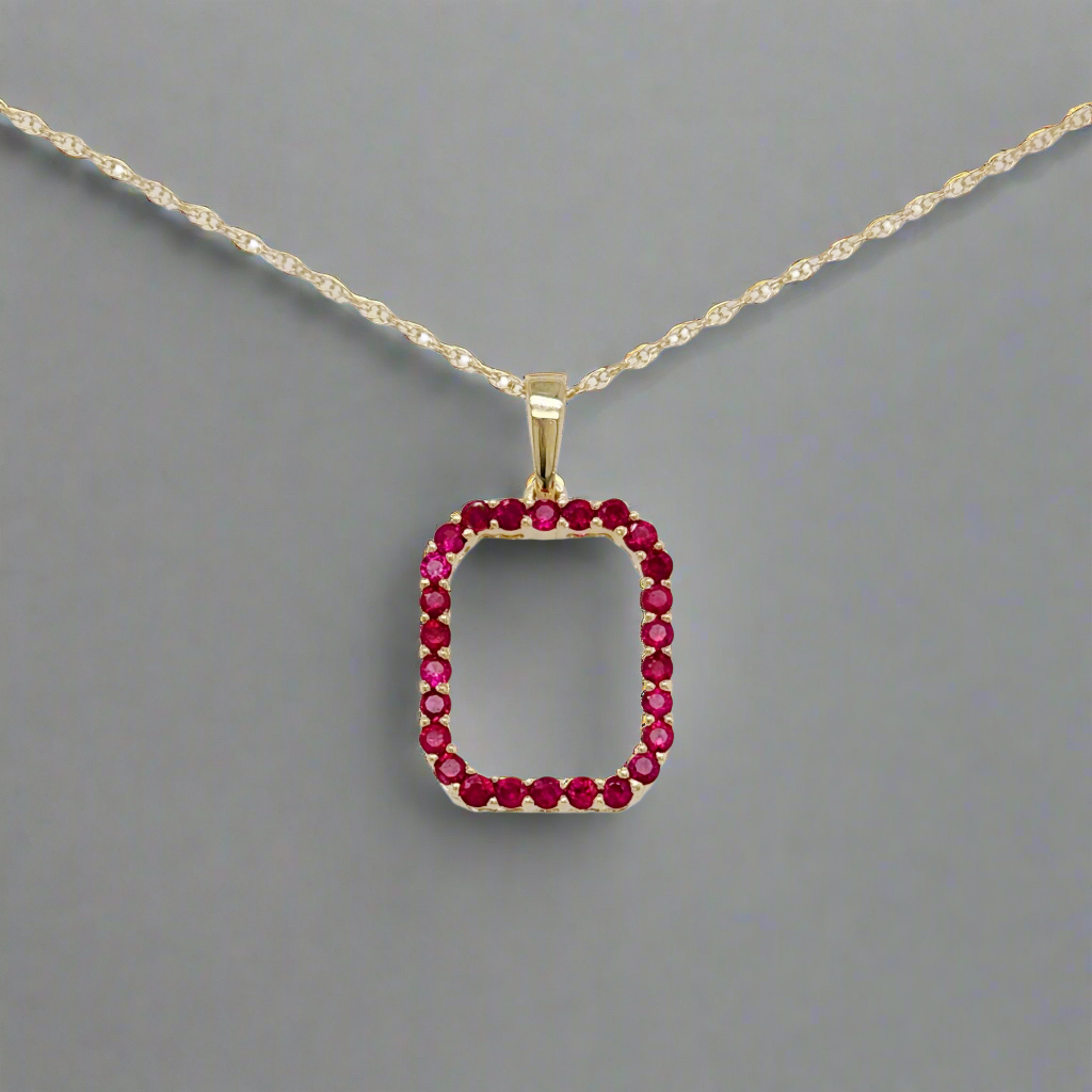 10K Gold Rectangular Sapphire or Ruby Pendant Necklace