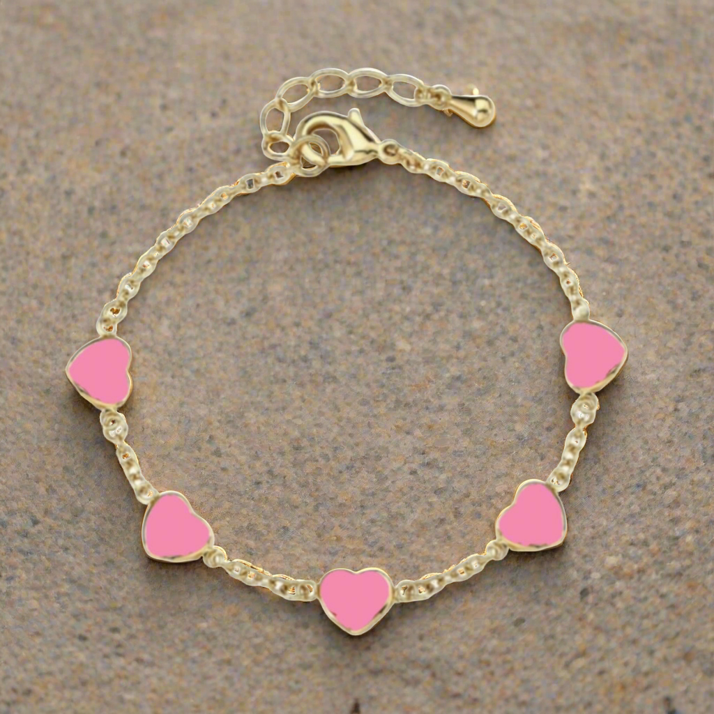 Gold Plated Sterling Silver Red Or Pink Enamel Heart Station Bracelet