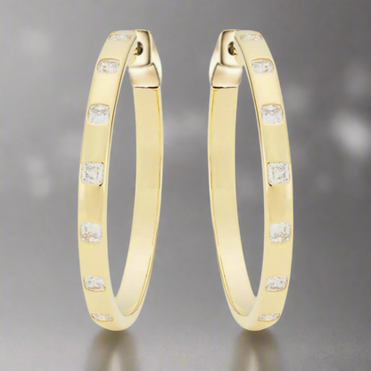 Sterling Silver 1.25" Oval Inlaid Princess Cut CZ Hoop Earrings