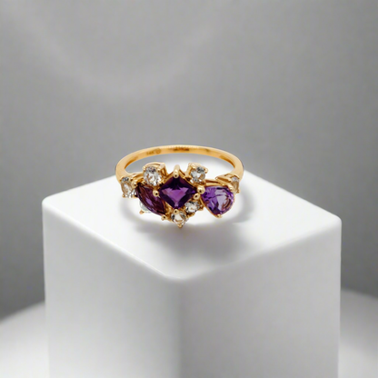 14K Yellow Gold Amethyst and White Topaz Ring