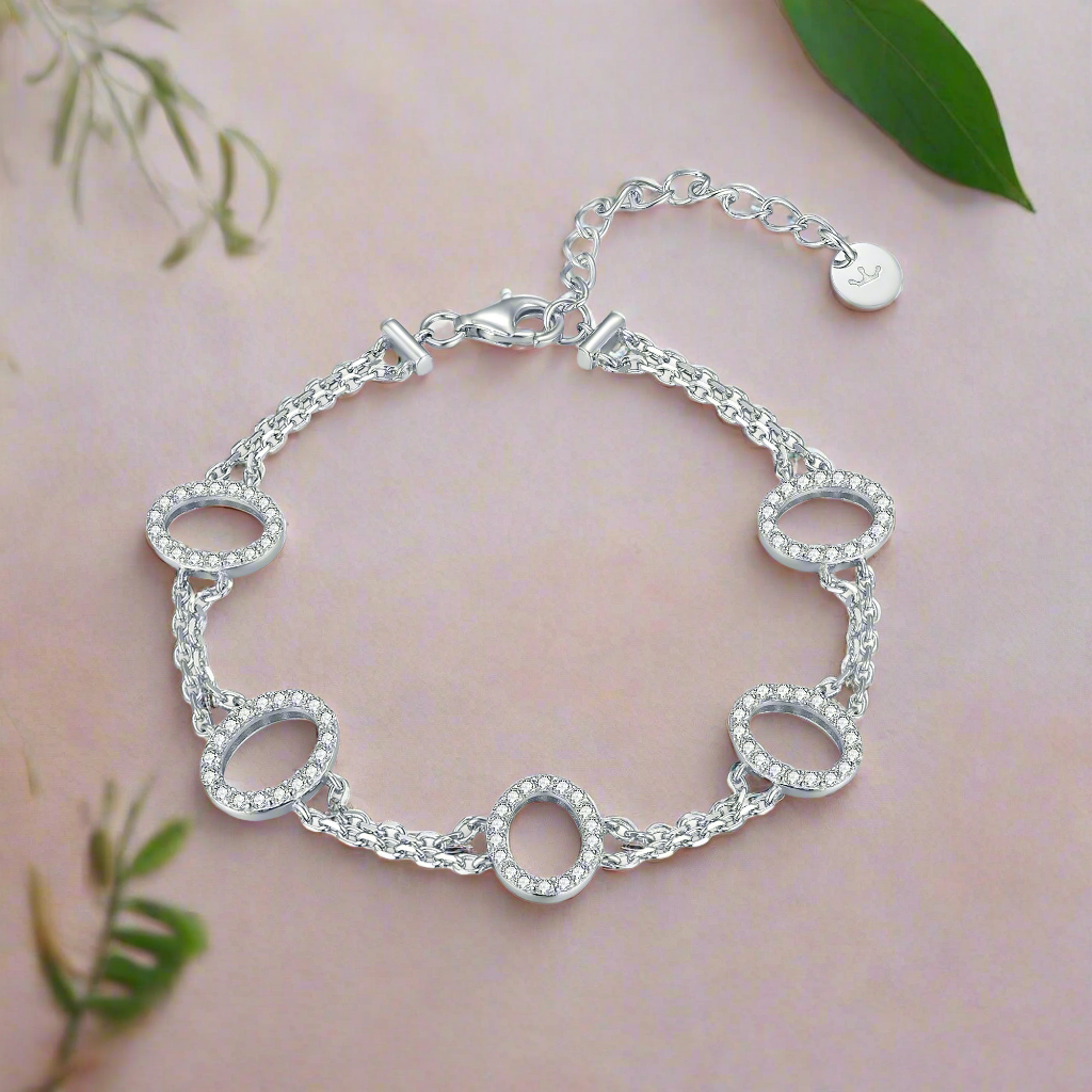 Sterling Silver CZ Ovals Bracelet on Double Chain