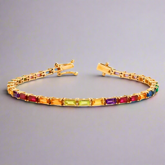 Sterling Silver Baguette Multicolor Nano Sapphire Rainbow Bracelet