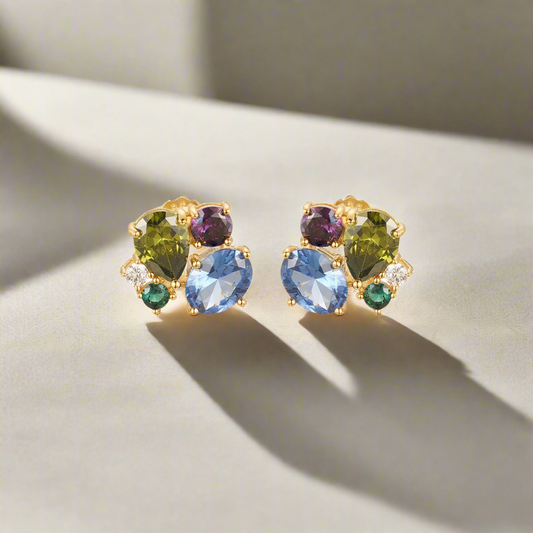 Sterling Silver Gold Plated Multi Shaped Multi Color CZ Stud Earring