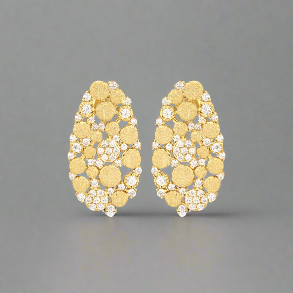 Sterling Silver Brushed Gold Plated Oval With CZ Stud Earrings