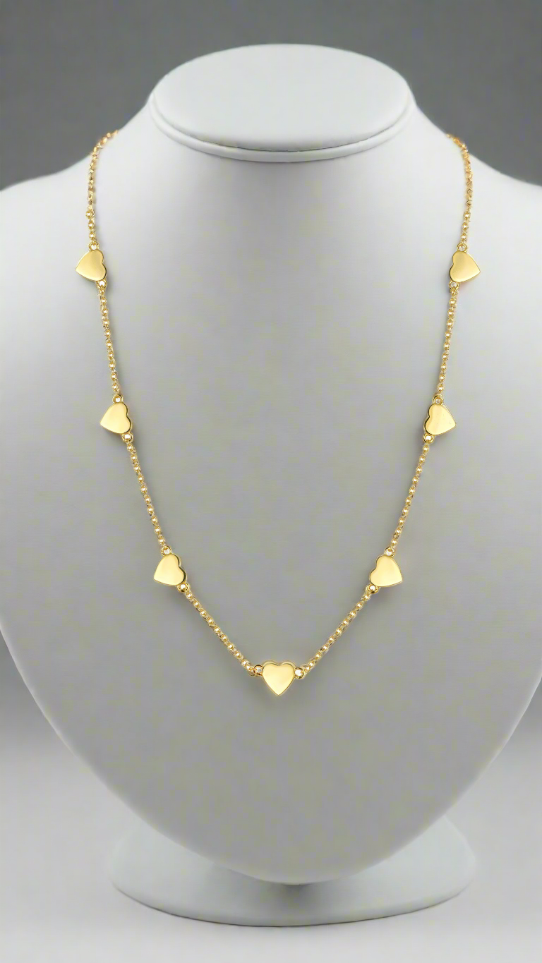 Gold Plated Sterling Silver Shiny Heart Station Necklace